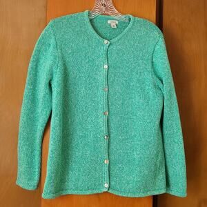 Womens LL Bean Marled Knit Cotton Cardigan Sweater Green Large Cottagecore